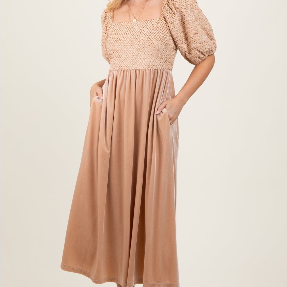 Elegant Fall Large Tan Velvet Contrast Square Neck Tan Puff Sleeve Dress
